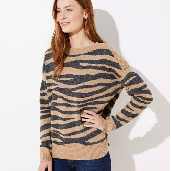 LOFT Tiger Striped Sweater Women XL Brown Gray Wool Blend Boat Neck Long Sleeves - Picture 1 of 8